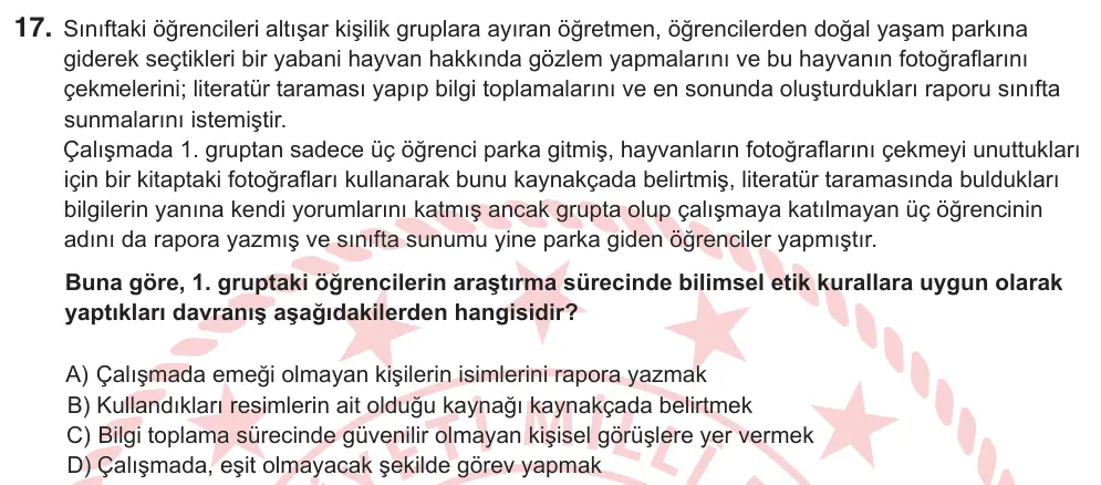 9, 10. Sınıf Fen Bilimleri 2026 İOKBS Bursluluk Sınavı 17. Soru görseli