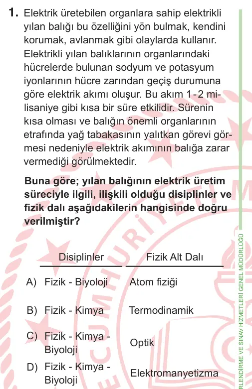 9, 10. Sınıf Fen Bilimleri 2026 İOKBS Bursluluk Sınavı 1. Soru görseli
