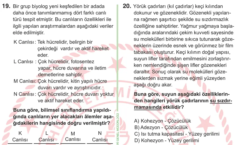 9, 10. Sınıf Fen Bilimleri 2026 İOKBS Bursluluk Sınavı 20. Soru görseli