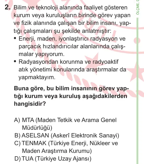 9, 10. Sınıf Fen Bilimleri 2026 İOKBS Bursluluk Sınavı 2. Soru görseli