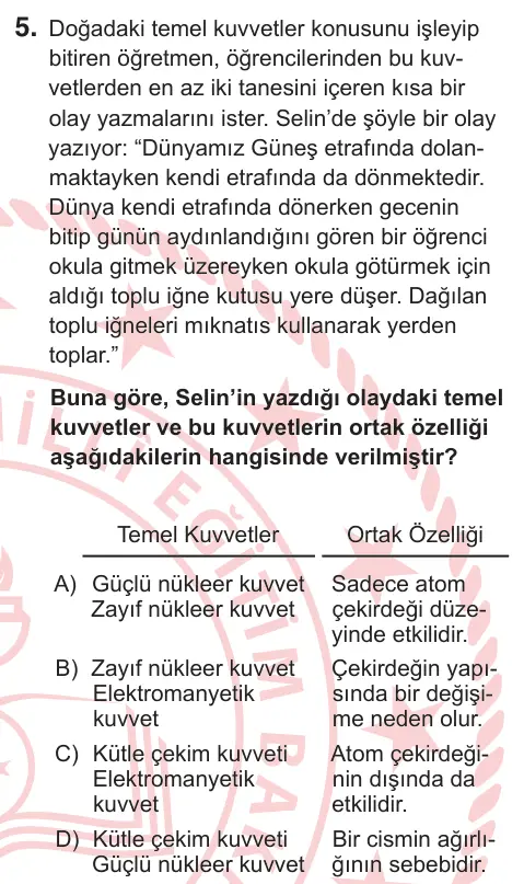 9, 10. Sınıf Fen Bilimleri 2026 İOKBS Bursluluk Sınavı 5. Soru görseli
