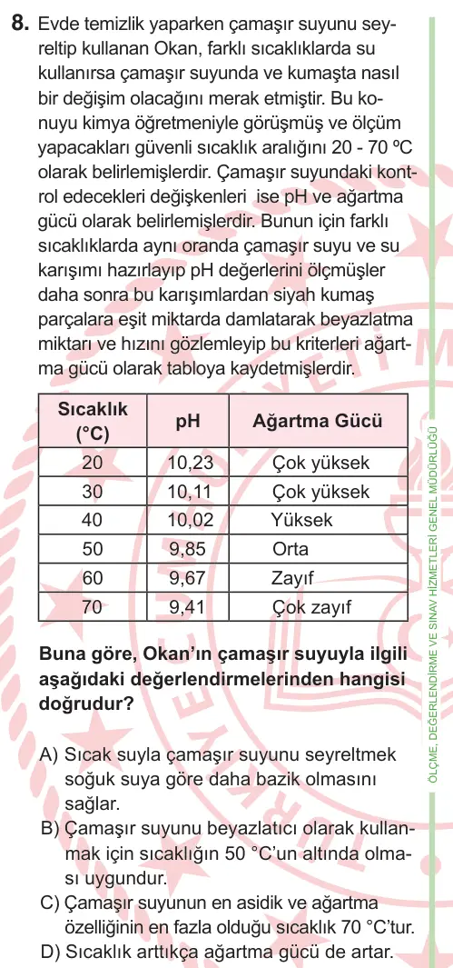 9, 10. Sınıf Fen Bilimleri 2026 İOKBS Bursluluk Sınavı 8. Soru görseli