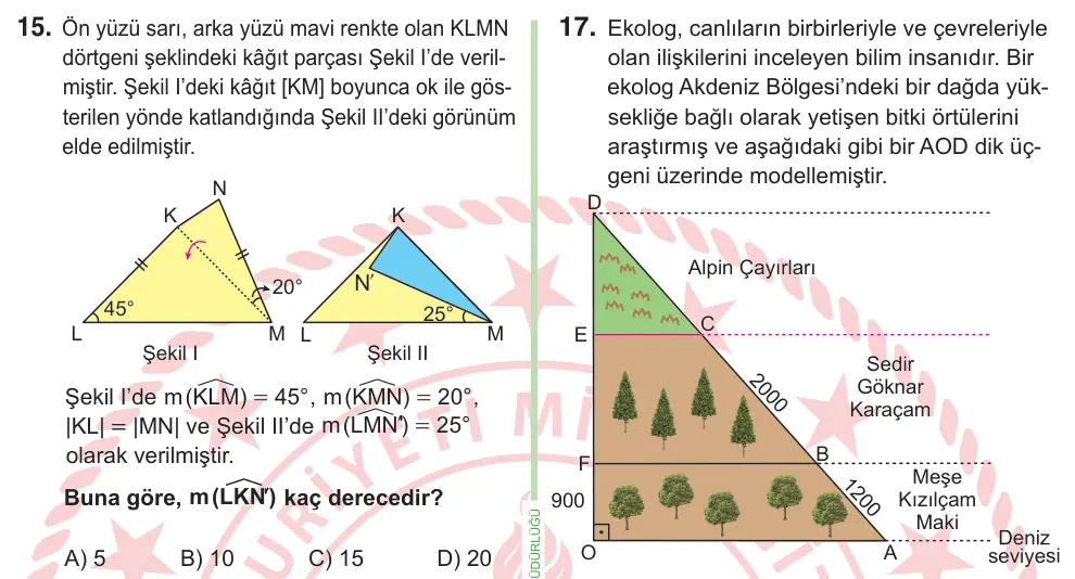 9, 10. Sınıf Matematik 2026 İOKBS Bursluluk Sınavı 15. Soru görseli