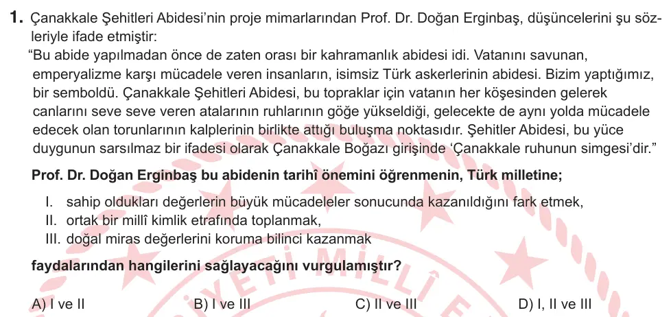 9, 10. Sınıf Sosyal Bilgiler 2026 İOKBS Bursluluk Sınavı 1. Soru görseli
