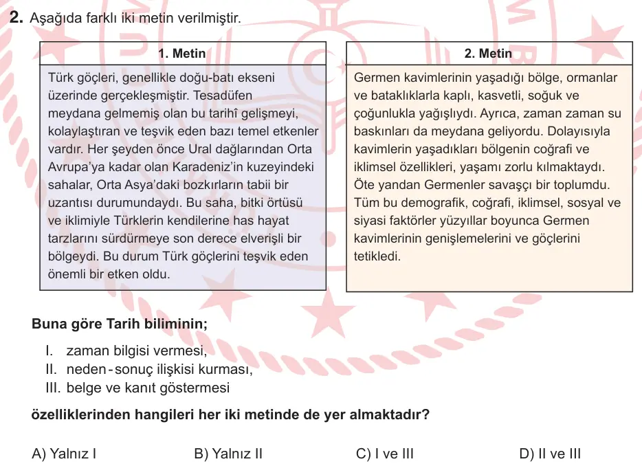 9, 10. Sınıf Sosyal Bilgiler 2026 İOKBS Bursluluk Sınavı 2. Soru görseli