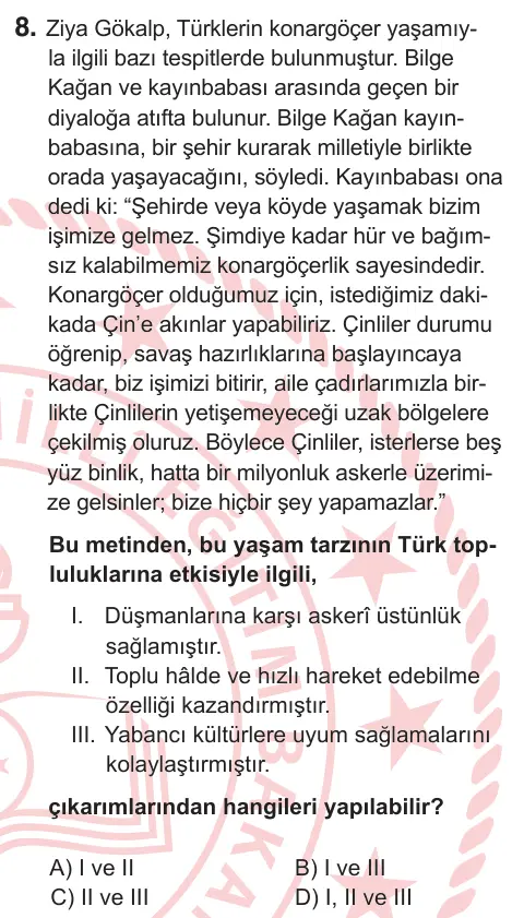 9, 10. Sınıf Sosyal Bilgiler 2026 İOKBS Bursluluk Sınavı 8. Soru görseli