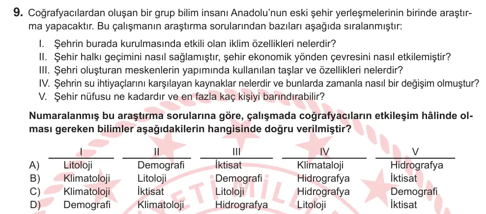 9, 10. Sınıf Sosyal Bilgiler 2026 İOKBS Bursluluk Sınavı 9. Soru görseli