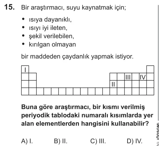 LGS 2018 Sayısal Fen Bilimleri 15. Soru görseli