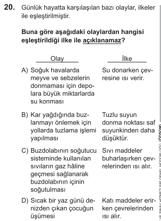 LGS 2018 Sayısal Fen Bilimleri 20. Soru görseli