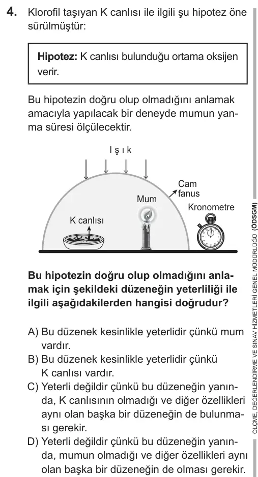 LGS 2018 Sayısal Fen Bilimleri 4. Soru görseli