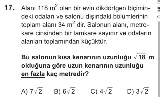 LGS 2018 Sayısal Matematik 17. Soru görseli