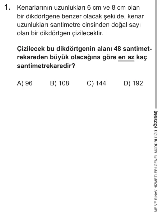 LGS 2018 Sayısal Matematik 1. Soru görseli