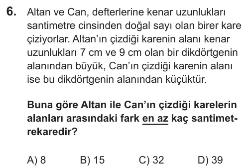 LGS 2018 Sayısal Matematik 6. Soru görseli