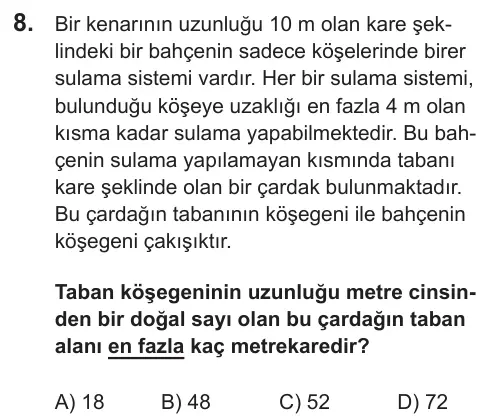 LGS 2018 Sayısal Matematik 8. Soru görseli