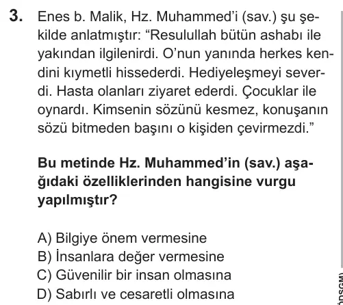 LGS 2018 Sözel Din Kültürü ve Ahlak Bilgisi 3. Soru görseli