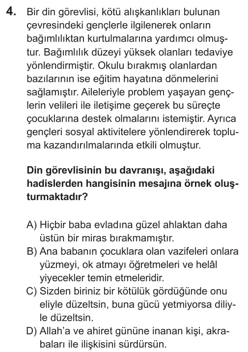 LGS 2018 Sözel Din Kültürü ve Ahlak Bilgisi 4. Soru görseli