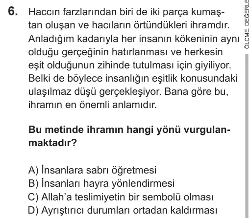 LGS 2018 Sözel Din Kültürü ve Ahlak Bilgisi 6. Soru görseli