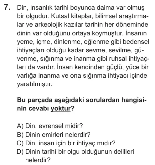 LGS 2018 Sözel Din Kültürü ve Ahlak Bilgisi 7. Soru görseli