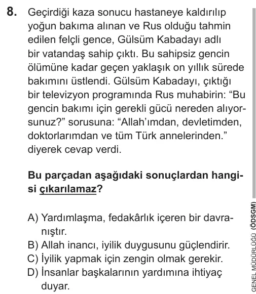 LGS 2018 Sözel Din Kültürü ve Ahlak Bilgisi 8. Soru görseli