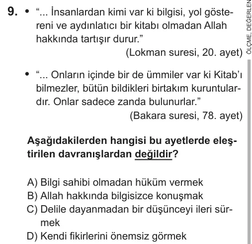 LGS 2018 Sözel Din Kültürü ve Ahlak Bilgisi 9. Soru görseli