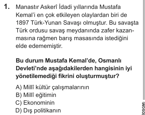 LGS 2018 Sözel T.C. İnkılap Tarihi ve Atatürkçülük 1. Soru görseli