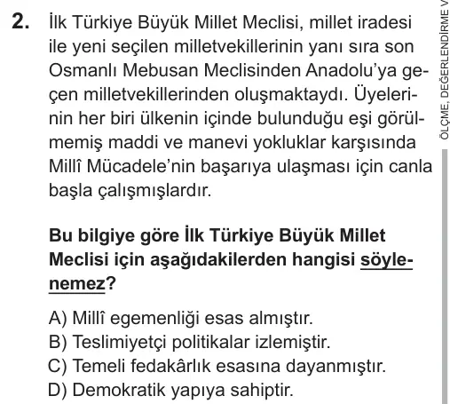 LGS 2018 Sözel T.C. İnkılap Tarihi ve Atatürkçülük 2. Soru görseli