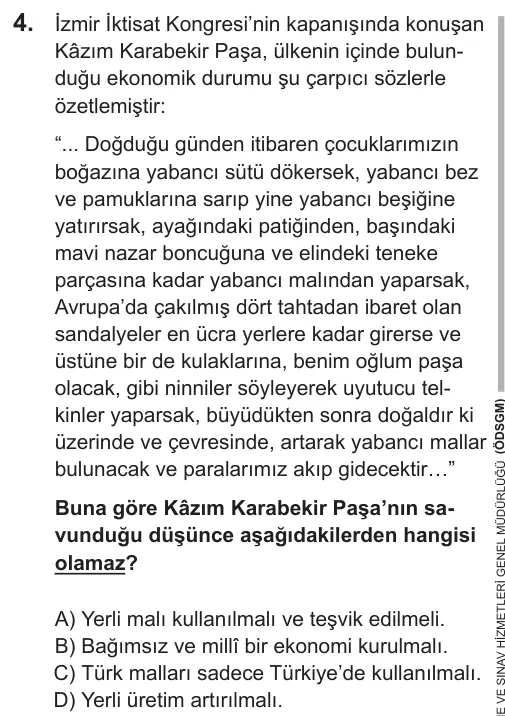 LGS 2018 Sözel T.C. İnkılap Tarihi ve Atatürkçülük 4. Soru görseli