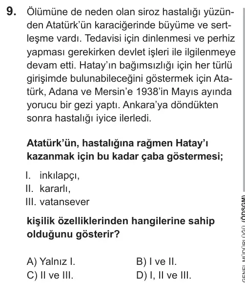 LGS 2018 Sözel T.C. İnkılap Tarihi ve Atatürkçülük 9. Soru görseli