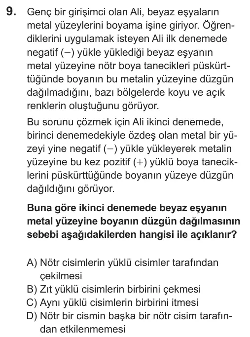 LGS 2019 Sayısal Fen Bilimleri 9. Soru görseli