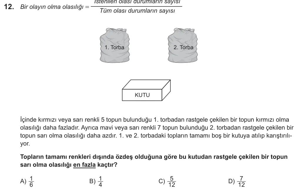 LGS 2019 Sayısal Matematik 12. Soru görseli