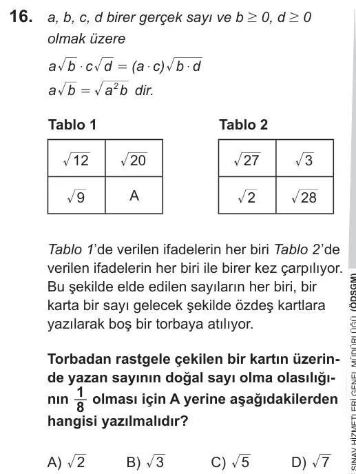 LGS 2019 Sayısal Matematik 16. Soru görseli