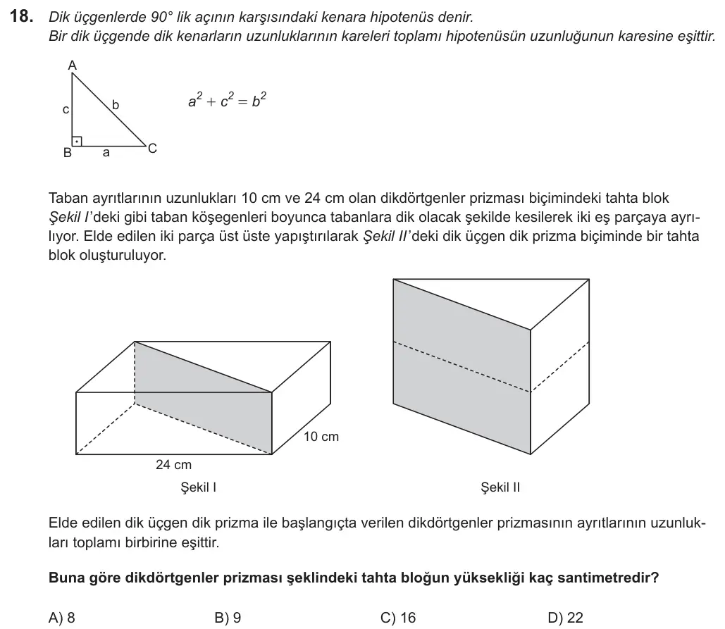 LGS 2019 Sayısal Matematik 18. Soru görseli