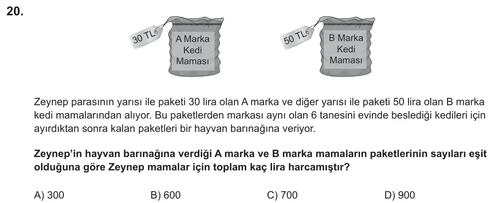 LGS 2019 Sayısal Matematik 20. Soru görseli