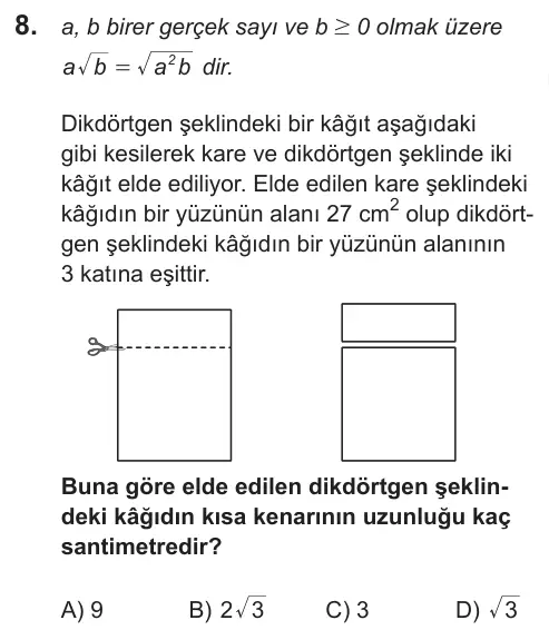 LGS 2019 Sayısal Matematik 8. Soru görseli