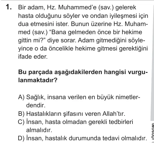 LGS 2019 Sözel Din Kültürü ve Ahlak Bilgisi 1. Soru görseli