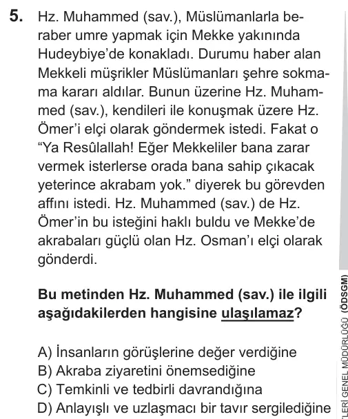 LGS 2019 Sözel Din Kültürü ve Ahlak Bilgisi 5. Soru görseli