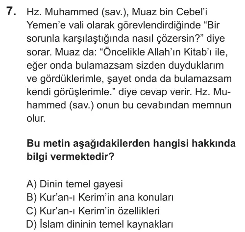 LGS 2019 Sözel Din Kültürü ve Ahlak Bilgisi 7. Soru görseli