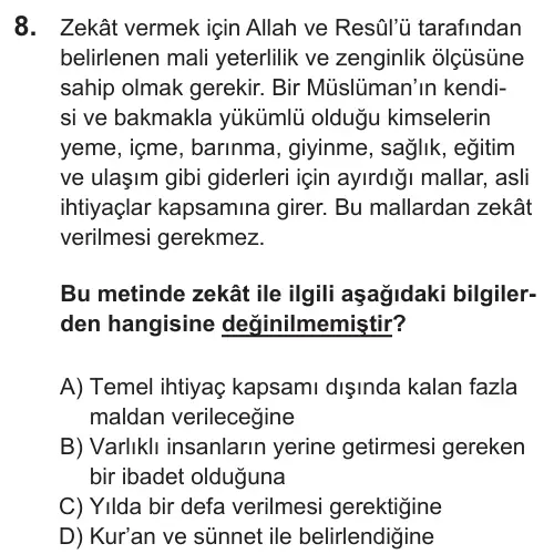 LGS 2019 Sözel Din Kültürü ve Ahlak Bilgisi 8. Soru görseli