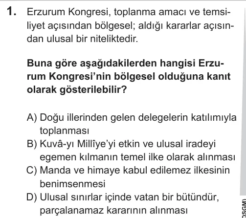 LGS 2019 Sözel T.C. İnkılap Tarihi ve Atatürkçülük 1. Soru görseli