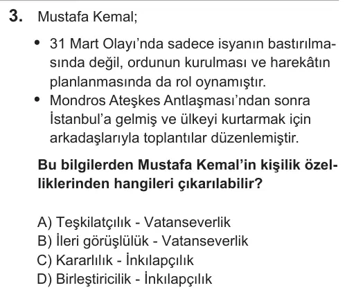 LGS 2019 Sözel T.C. İnkılap Tarihi ve Atatürkçülük 3. Soru görseli