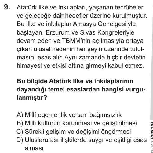 LGS 2019 Sözel T.C. İnkılap Tarihi ve Atatürkçülük 9. Soru görseli