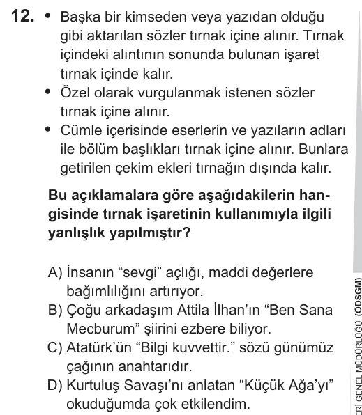 LGS 2019 Sözel Türkçe 12. Soru görseli