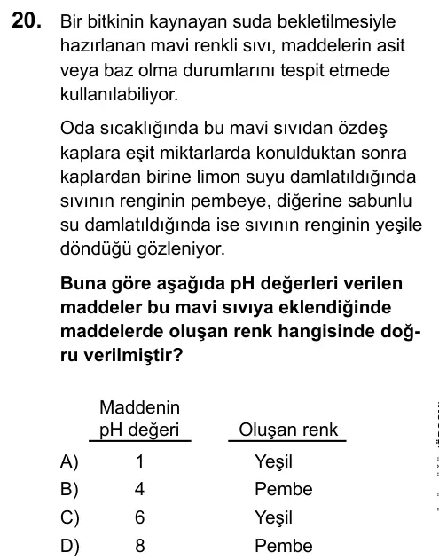 LGS 2020 Sayısal Fen Bilimleri 20. Soru görseli