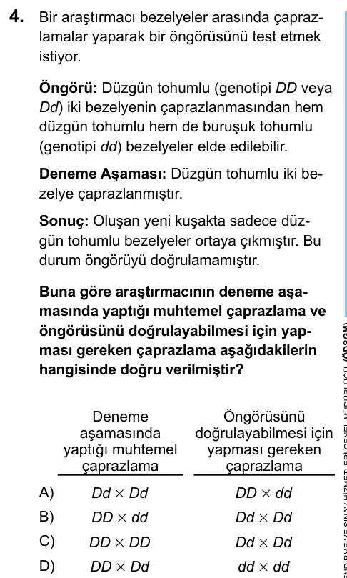 LGS 2020 Sayısal Fen Bilimleri 4. Soru görseli
