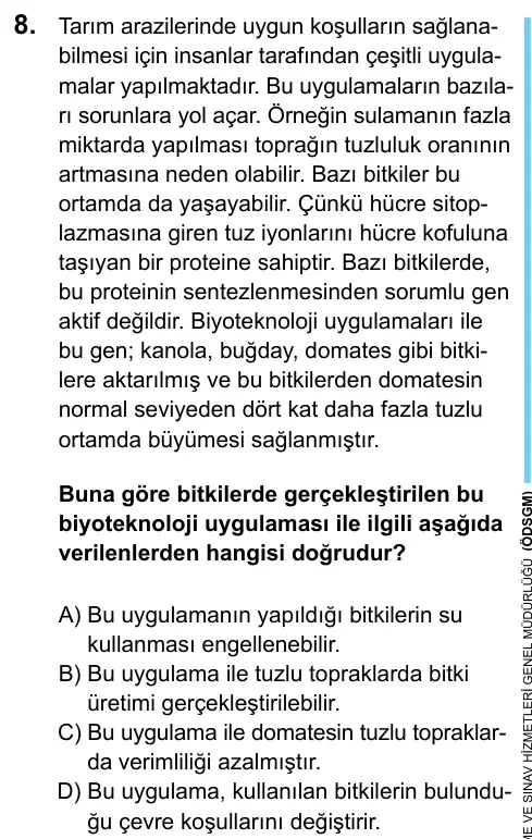 LGS 2020 Sayısal Fen Bilimleri 8. Soru görseli