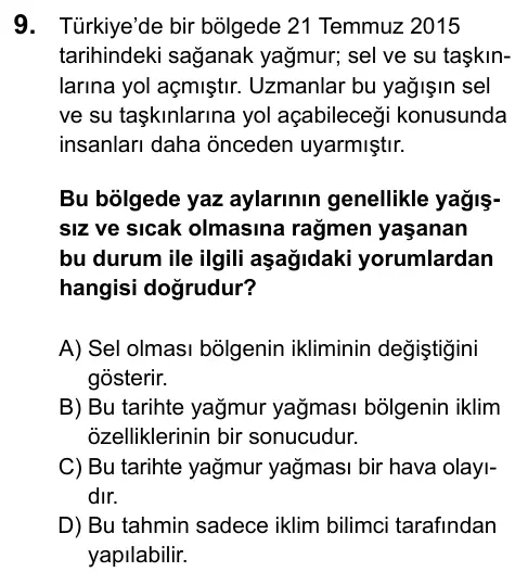 LGS 2020 Sayısal Fen Bilimleri 9. Soru görseli