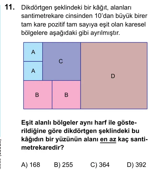 LGS 2020 Sayısal Matematik 11. Soru görseli