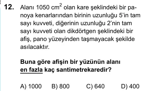 LGS 2020 Sayısal Matematik 12. Soru görseli