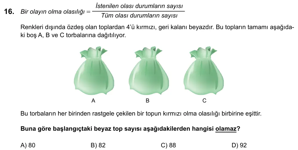 LGS 2020 Sayısal Matematik 16. Soru görseli