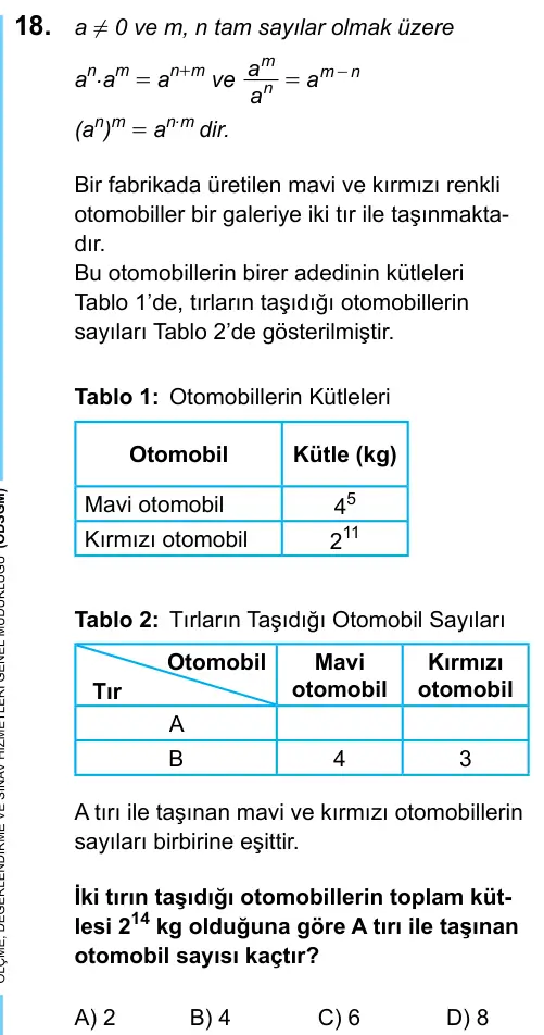 LGS 2020 Sayısal Matematik 18. Soru görseli